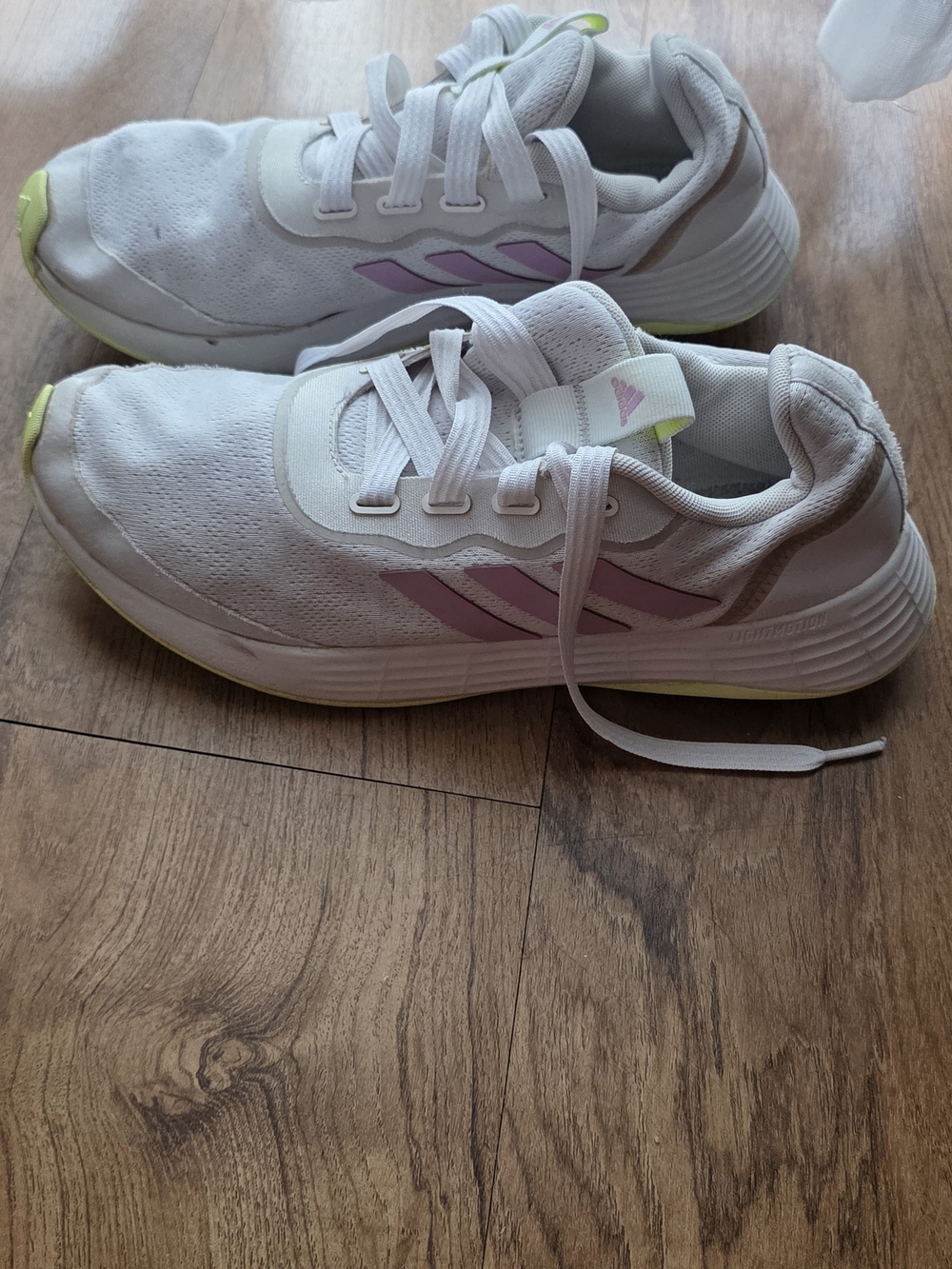 adidas Kids White Sneakers with Pink Stripes and Lime Accents